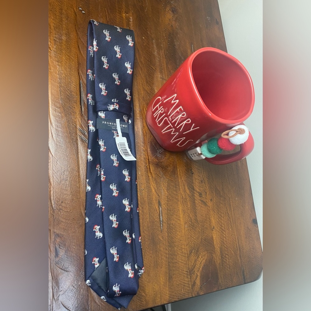 Pronto Uomo Men’s Christmas Navy Tie 
Dog in Santa Hat - Picture 4 of 6